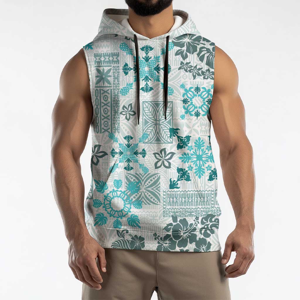Hawaii Tapa Tribal Sleeveless Hoodie With Hawaiian Quilt Pattern Aqua - Polynesian Pride