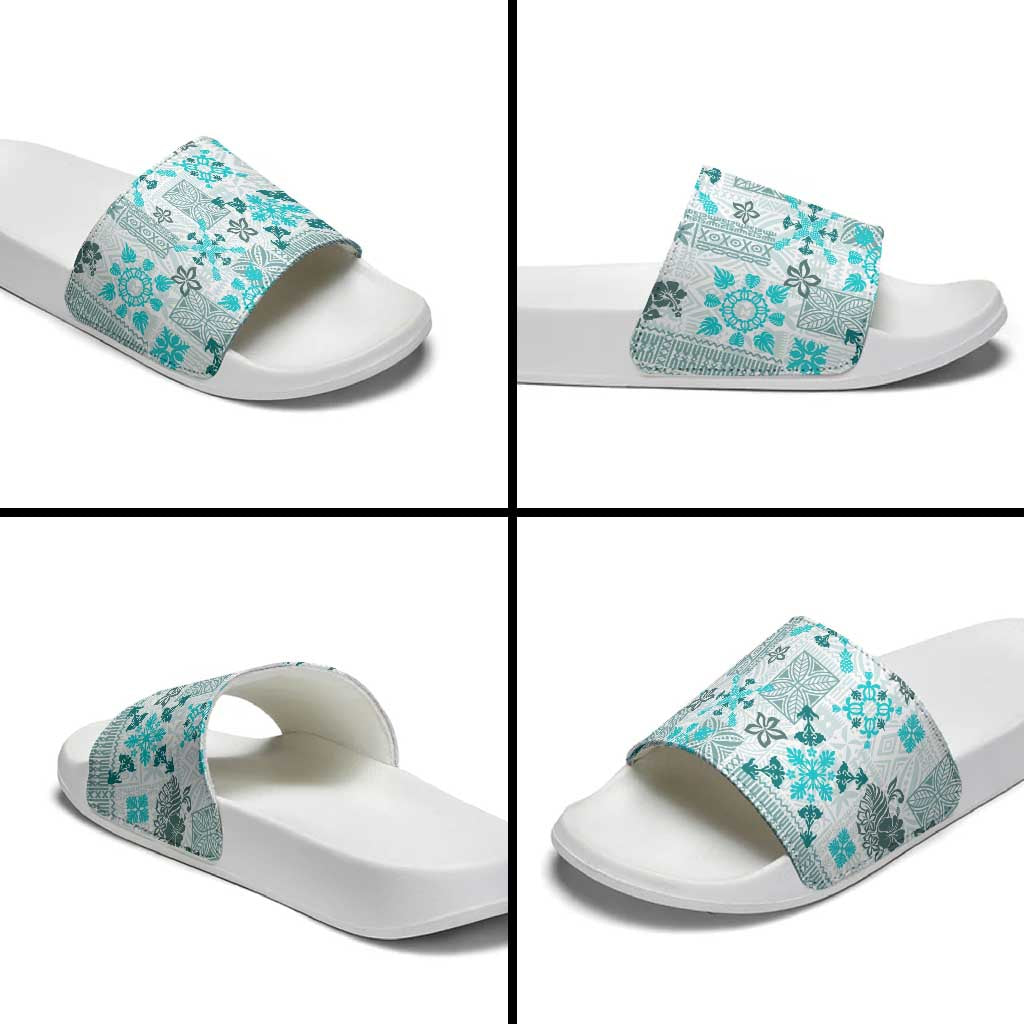 Hawaii Tapa Tribal Slide Sandals With Hawaiian Quilt Pattern Aqua - Polynesian Pride