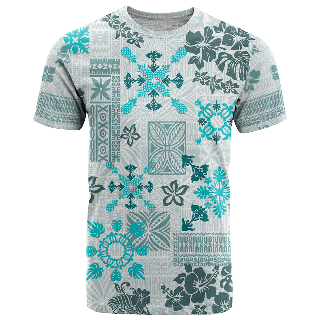 Hawaii Tapa Tribal T Shirt With Hawaiian Quilt Pattern Aqua LT9 Aqua - Polynesian Pride