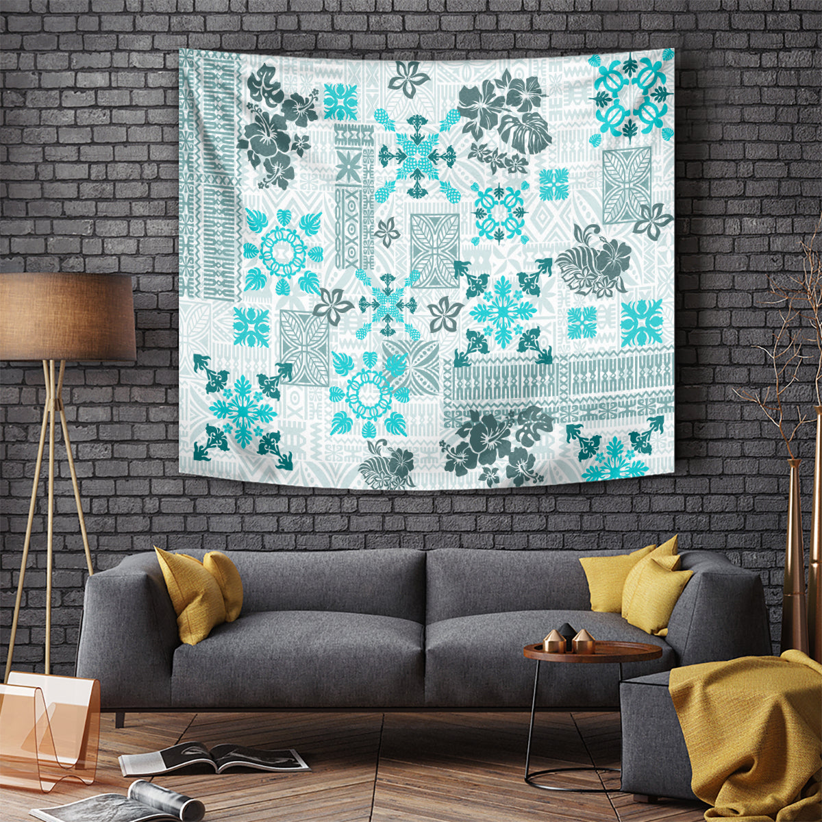 Hawaii Tapa Tribal Tapestry With Hawaiian Quilt Pattern Aqua LT9 Aqua - Polynesian Pride