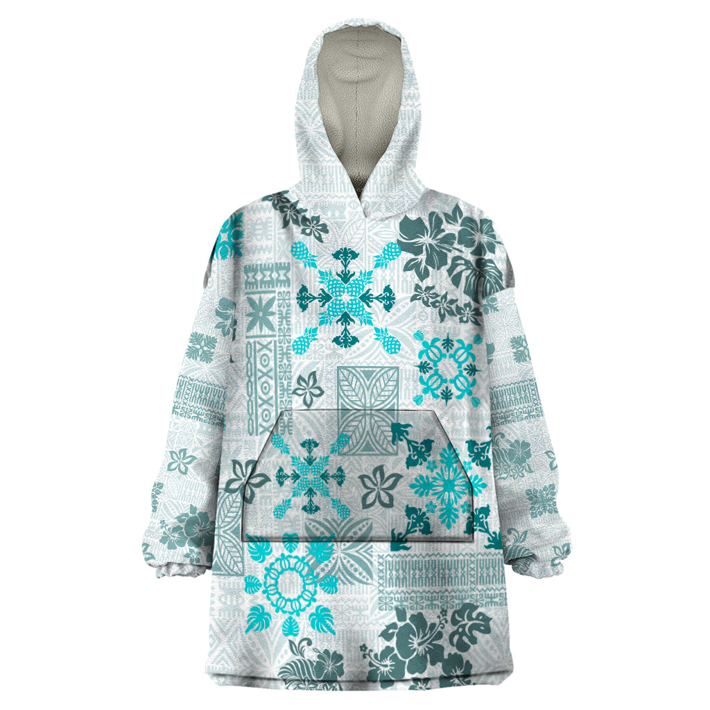 Hawaii Tapa Tribal Wearable Blanket Hoodie With Hawaiian Quilt Pattern Aqua LT9 One Size Aqua - Polynesian Pride