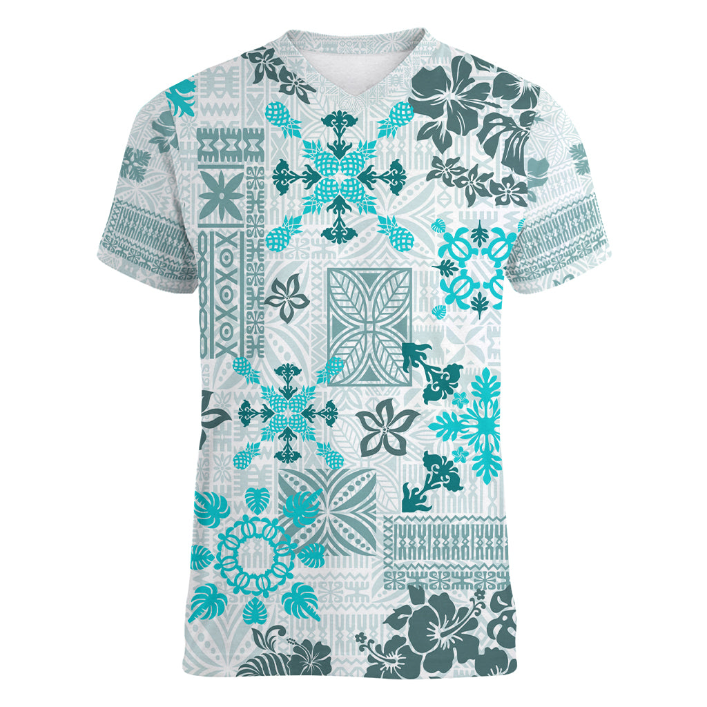 Hawaii Tapa Tribal Women V Neck T Shirt With Hawaiian Quilt Pattern Aqua LT9 Female Aqua - Polynesian Pride