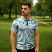 Hawaii Tapa Tribal Zipper Polo Shirt With Hawaiian Quilt Pattern Aqua - Polynesian Pride