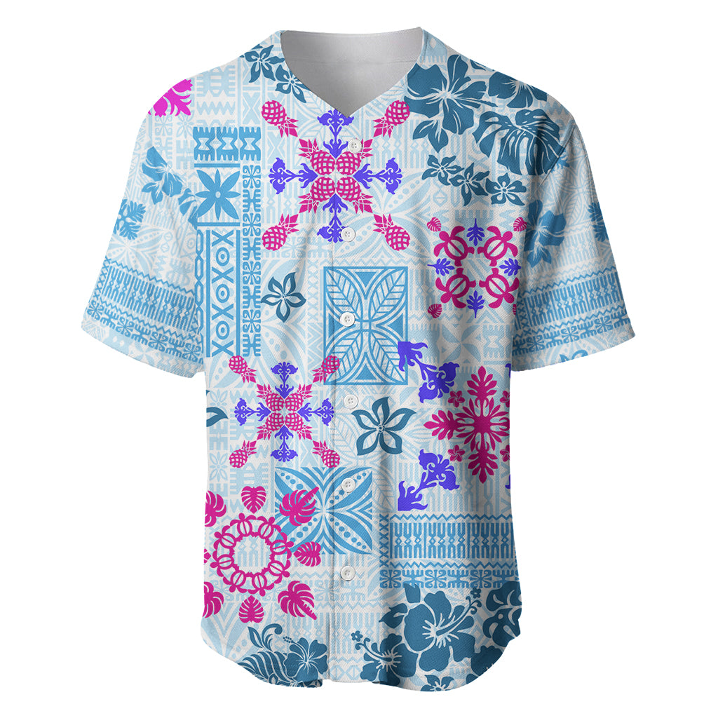 Hawaii Tapa Tribal Baseball Jersey With Hawaiian Quilt Pattern Blue LT9 Blue - Polynesian Pride