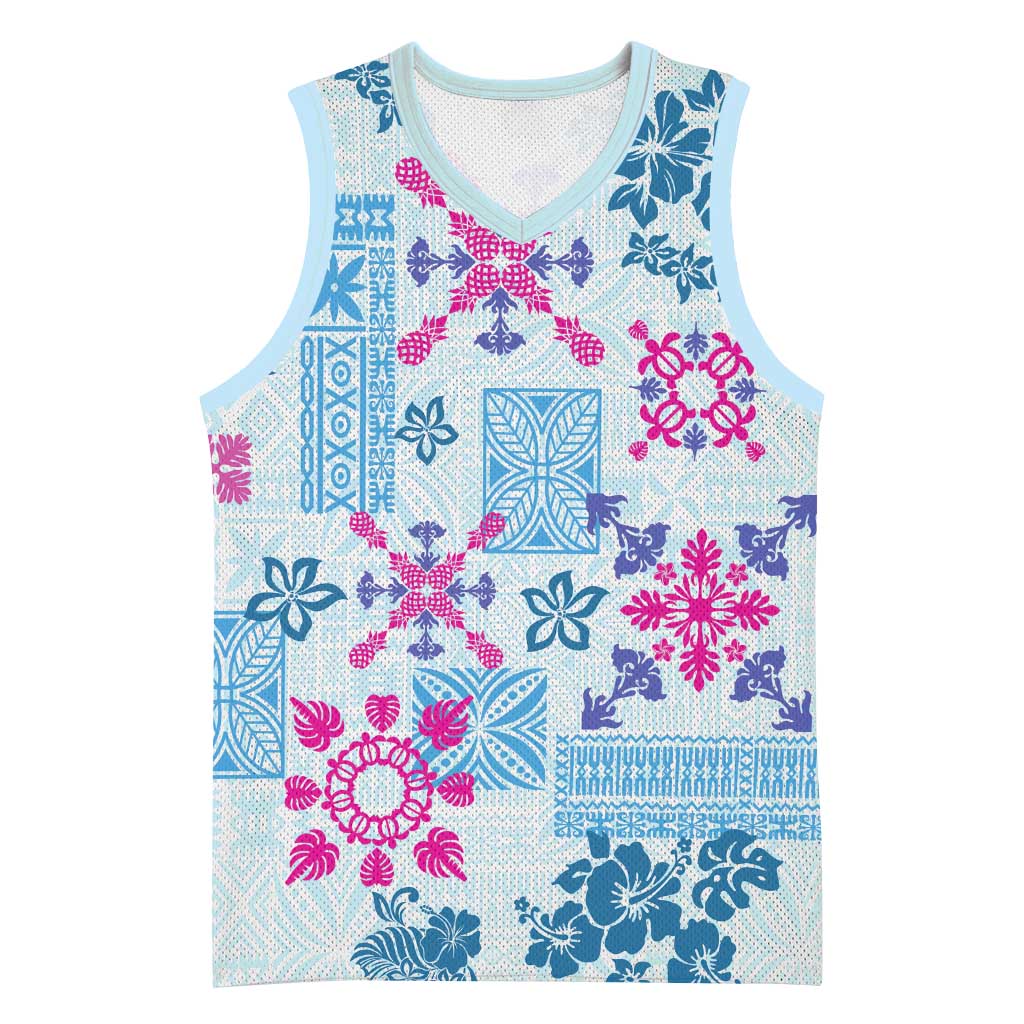 Hawaii Tapa Tribal Basketball Jersey With Hawaiian Quilt Pattern Blue - Polynesian Pride