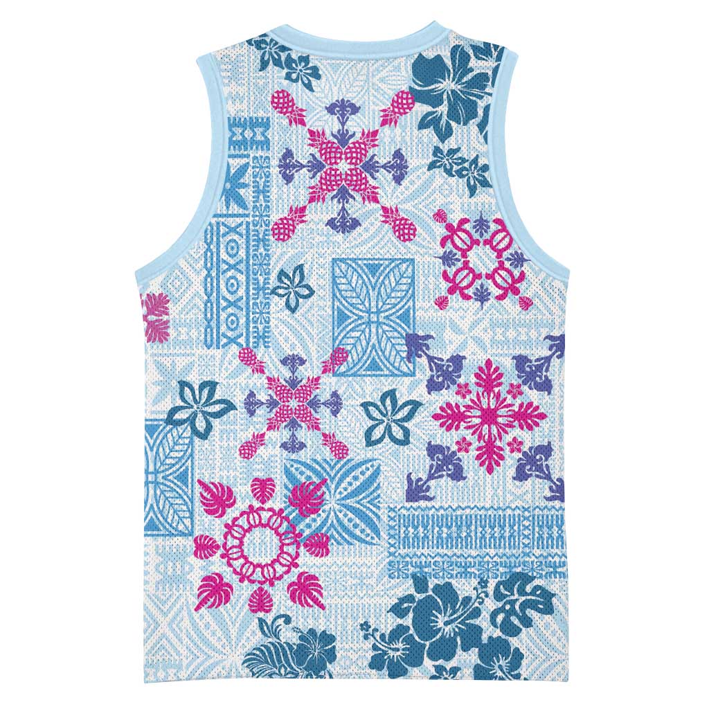 Hawaii Tapa Tribal Basketball Jersey With Hawaiian Quilt Pattern Blue - Polynesian Pride