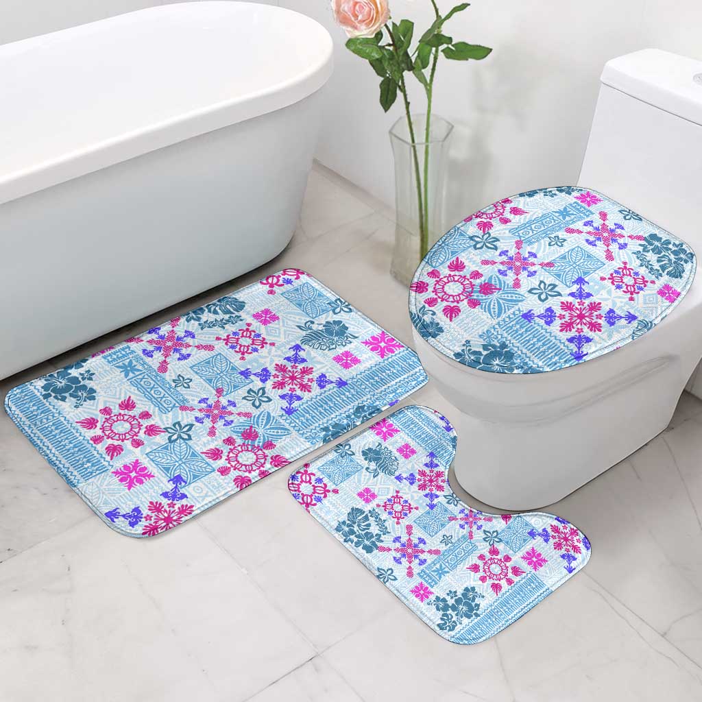 Hawaii Tapa Tribal Bathroom Set With Hawaiian Quilt Pattern Blue - Polynesian Pride