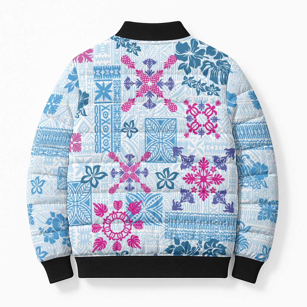 Hawaii Tapa Tribal Bomber Puffer Jacket With Hawaiian Quilt Pattern Blue - Polynesian Pride