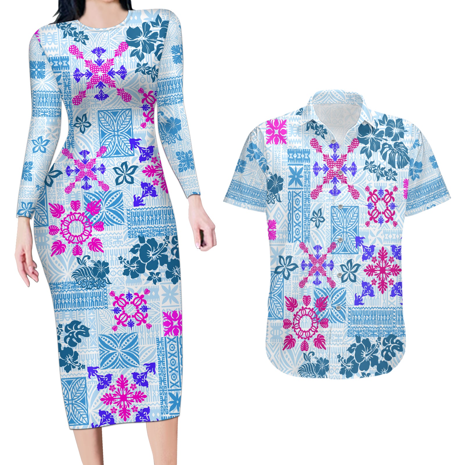 Hawaii Tapa Tribal Couples Matching Long Sleeve Bodycon Dress and Hawaiian Shirt With Hawaiian Quilt Pattern Blue LT9 Blue - Polynesian Pride