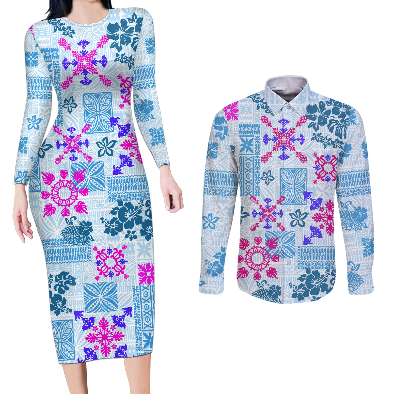 Hawaii Tapa Tribal Couples Matching Long Sleeve Bodycon Dress and Long Sleeve Button Shirt With Hawaiian Quilt Pattern Blue LT9 Blue - Polynesian Pride