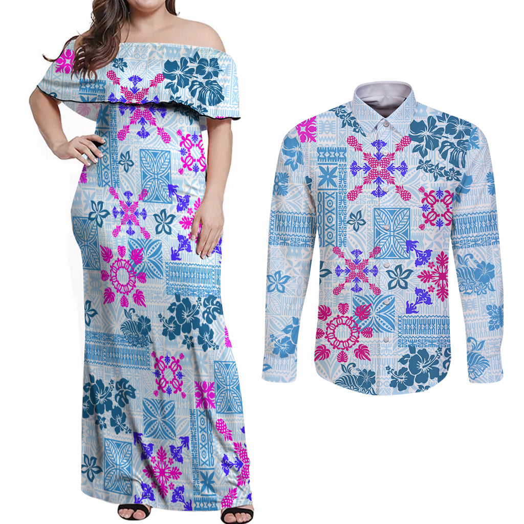 Hawaii Tapa Tribal Couples Matching Off Shoulder Maxi Dress and Long Sleeve Button Shirt With Hawaiian Quilt Pattern Blue LT9 Blue - Polynesian Pride