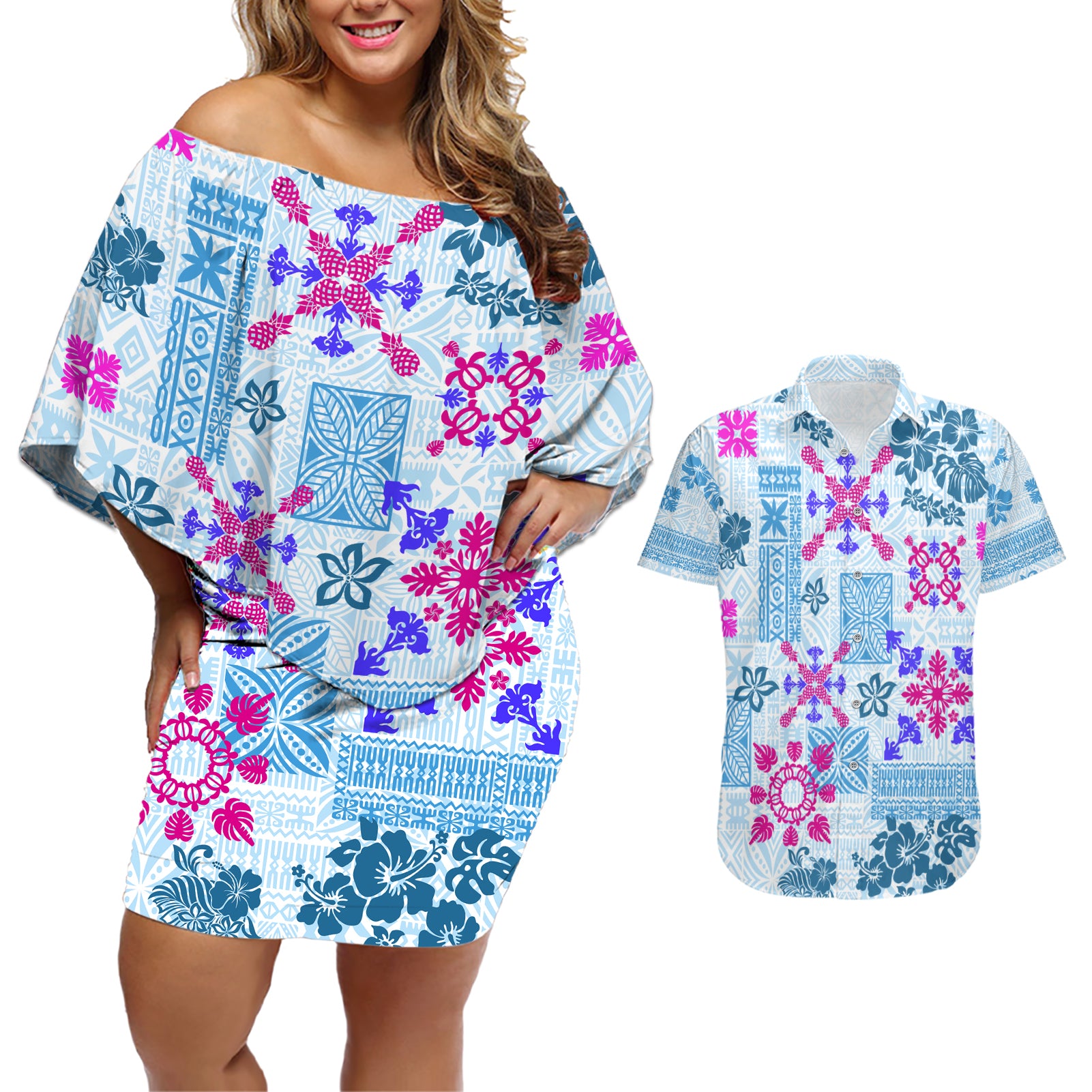 Hawaii Tapa Tribal Couples Matching Off Shoulder Short Dress and Hawaiian Shirt With Hawaiian Quilt Pattern Blue LT9 Blue - Polynesian Pride