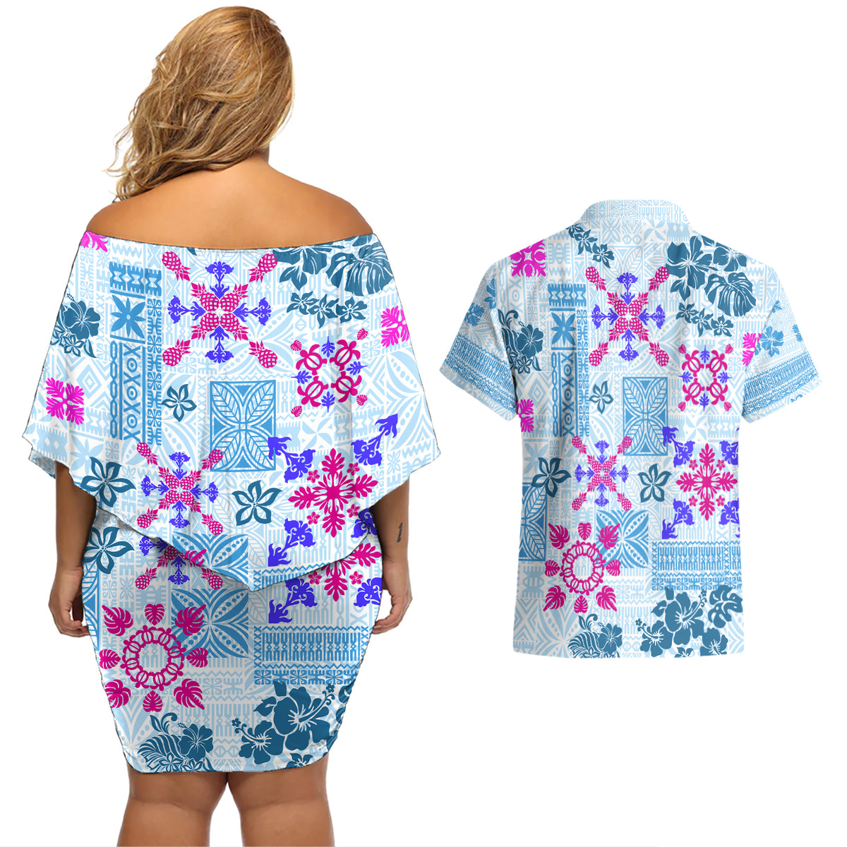 Hawaii Tapa Tribal Couples Matching Off Shoulder Short Dress and Hawaiian Shirt With Hawaiian Quilt Pattern Blue LT9 - Polynesian Pride