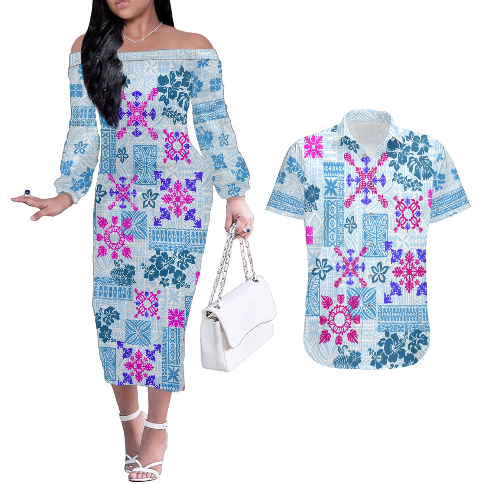 Hawaii Tapa Tribal Couples Matching Off The Shoulder Long Sleeve Dress and Hawaiian Shirt With Hawaiian Quilt Pattern Blue LT9 Blue - Polynesian Pride