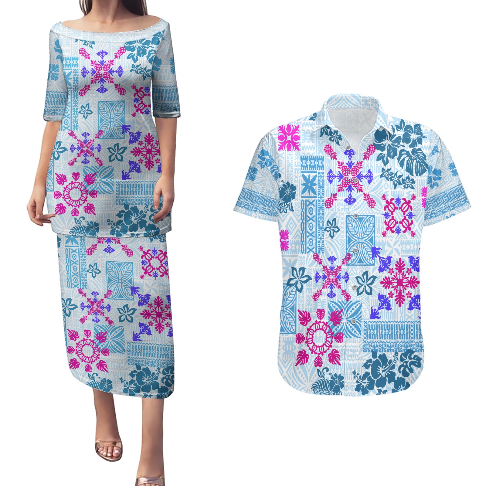 Hawaii Tapa Tribal Couples Matching Puletasi Dress and Hawaiian Shirt With Hawaiian Quilt Pattern Blue LT9 Blue - Polynesian Pride