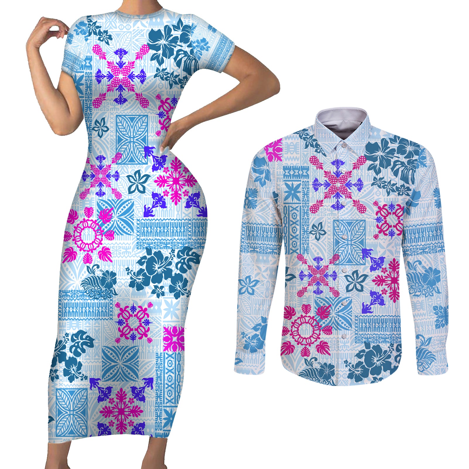 Hawaii Tapa Tribal Couples Matching Short Sleeve Bodycon Dress and Long Sleeve Button Shirt With Hawaiian Quilt Pattern Blue LT9 Blue - Polynesian Pride