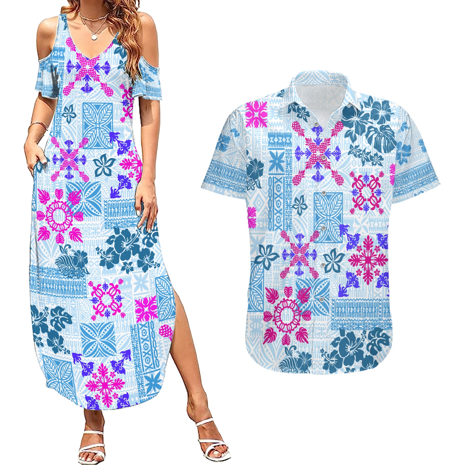 Hawaii Tapa Tribal Couples Matching Summer Maxi Dress and Hawaiian Shirt With Hawaiian Quilt Pattern Blue LT9 Blue - Polynesian Pride