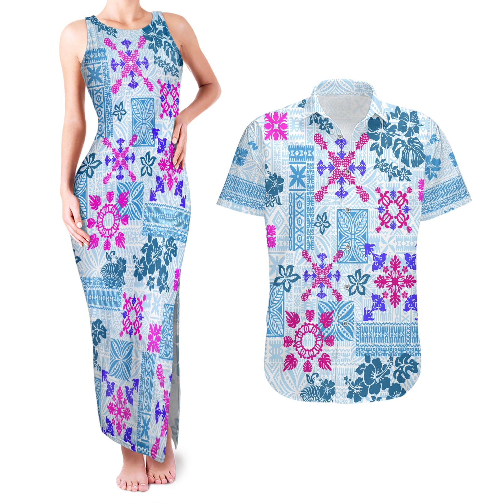 Hawaii Tapa Tribal Couples Matching Tank Maxi Dress and Hawaiian Shirt With Hawaiian Quilt Pattern Blue LT9 Blue - Polynesian Pride