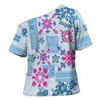 Hawaii Tapa Tribal Cross Shoulder Shirt With Hawaiian Quilt Pattern Blue - Polynesian Pride