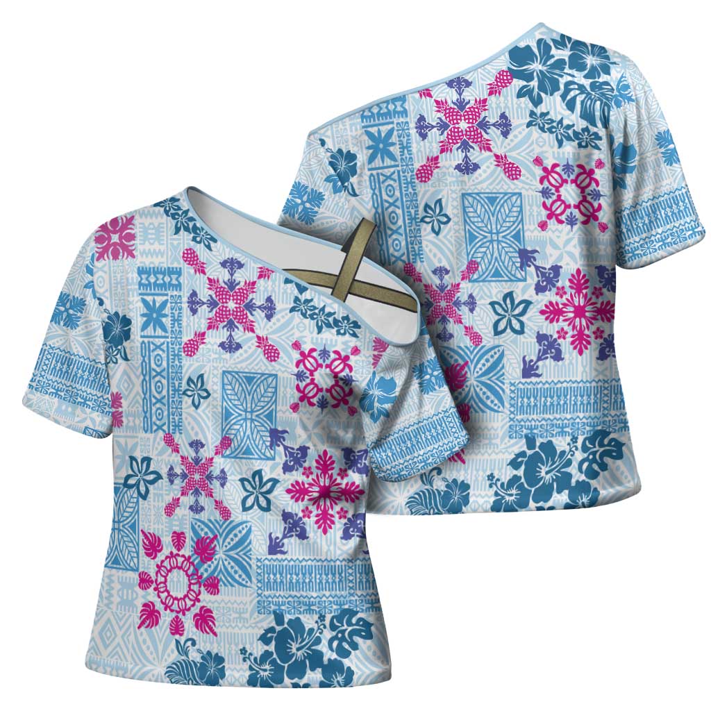 Hawaii Tapa Tribal Cross Shoulder Shirt With Hawaiian Quilt Pattern Blue - Polynesian Pride