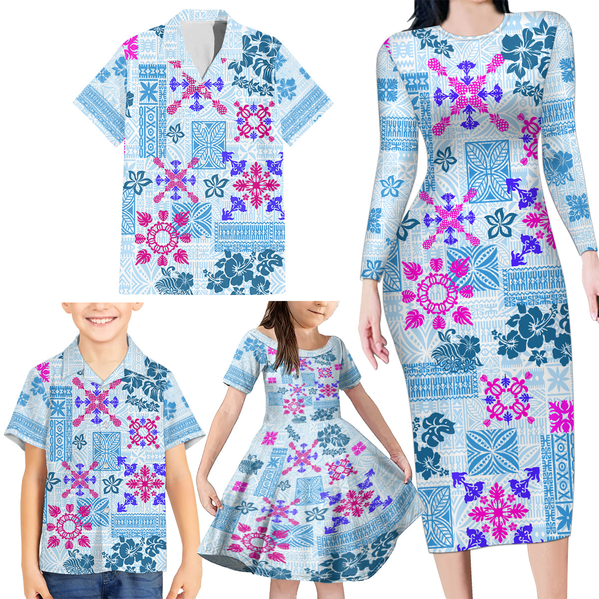 Hawaii Tapa Tribal Family Matching Long Sleeve Bodycon Dress and Hawaiian Shirt With Hawaiian Quilt Pattern Blue LT9 - Polynesian Pride