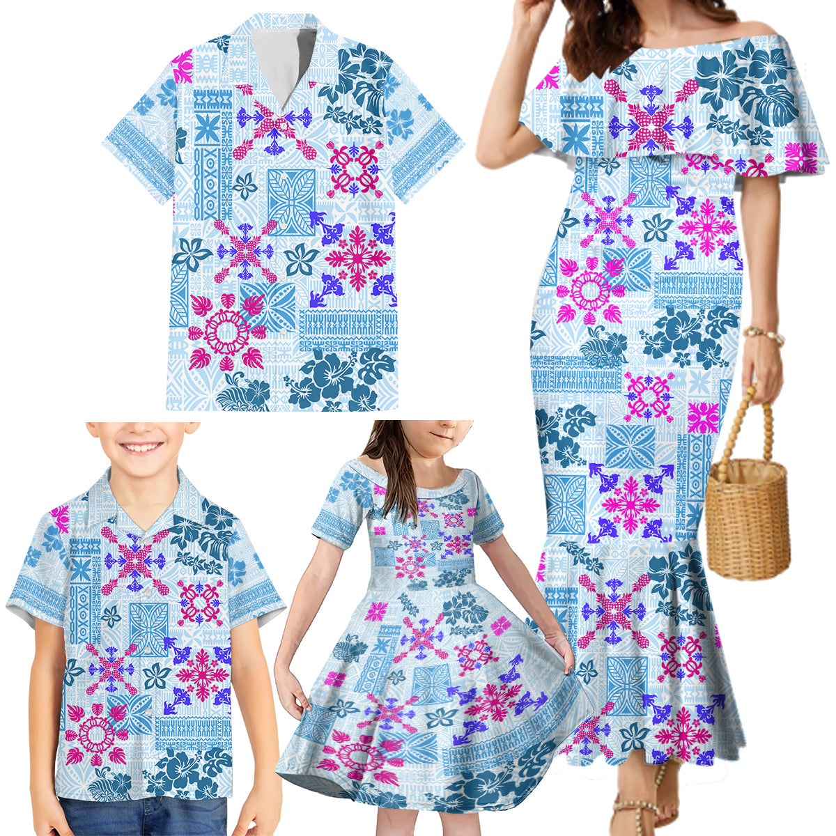 Hawaii Tapa Tribal Family Matching Mermaid Dress and Hawaiian Shirt With Hawaiian Quilt Pattern Blue LT9 - Polynesian Pride