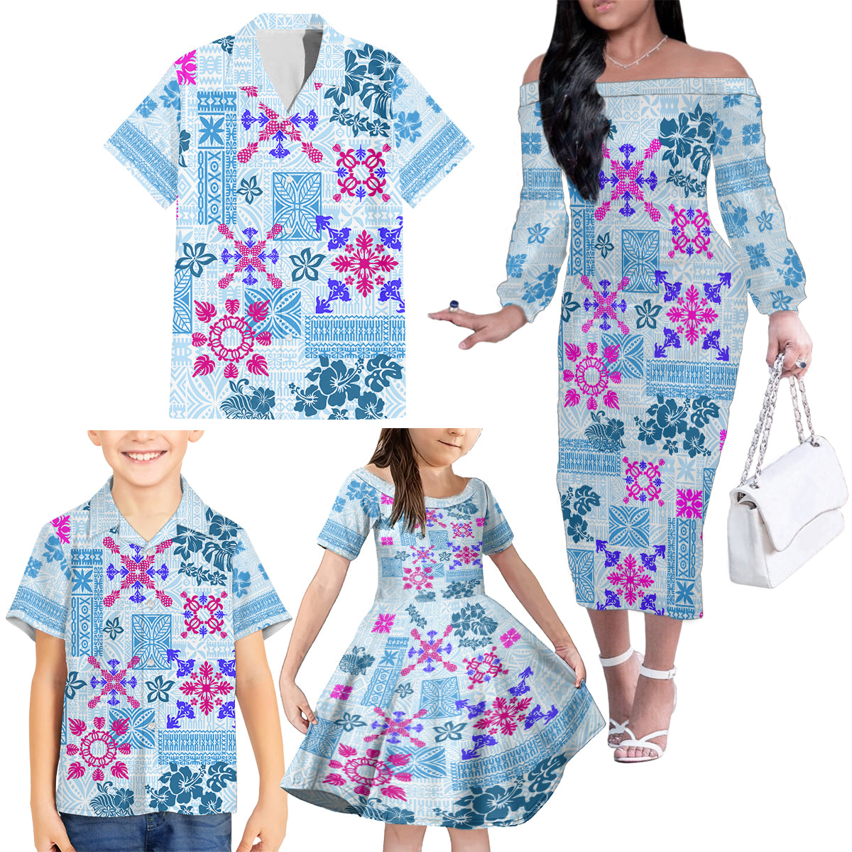 Hawaii Tapa Tribal Family Matching Off Shoulder Long Sleeve Dress and Hawaiian Shirt With Hawaiian Quilt Pattern Blue LT9 - Polynesian Pride