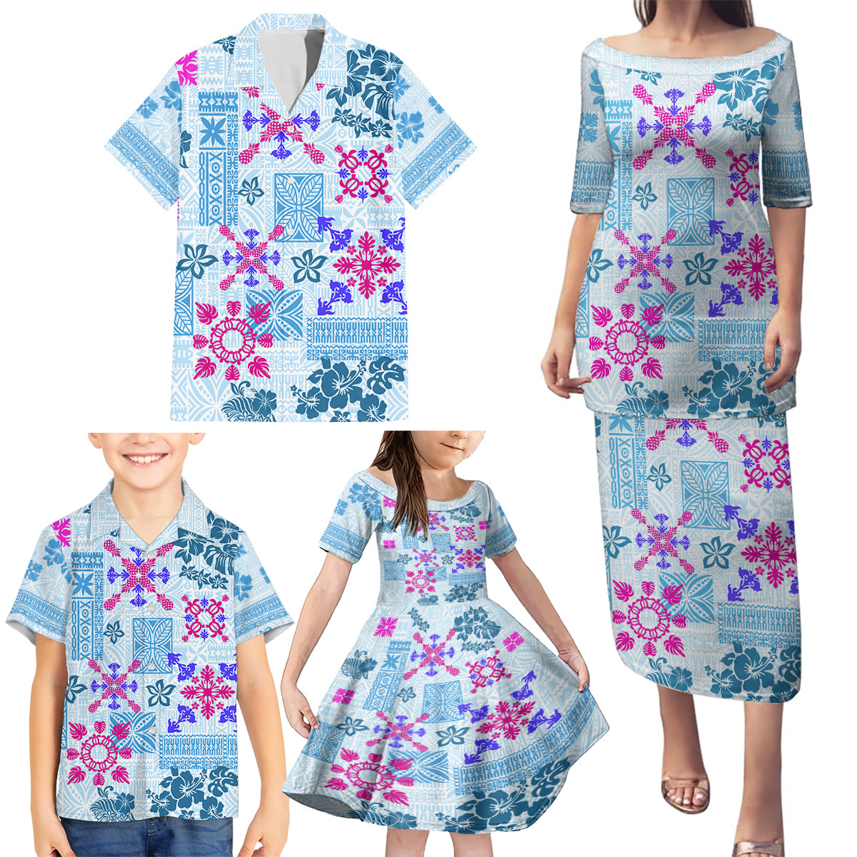 Hawaii Tapa Tribal Family Matching Puletasi Dress and Hawaiian Shirt With Hawaiian Quilt Pattern Blue LT9 - Polynesian Pride