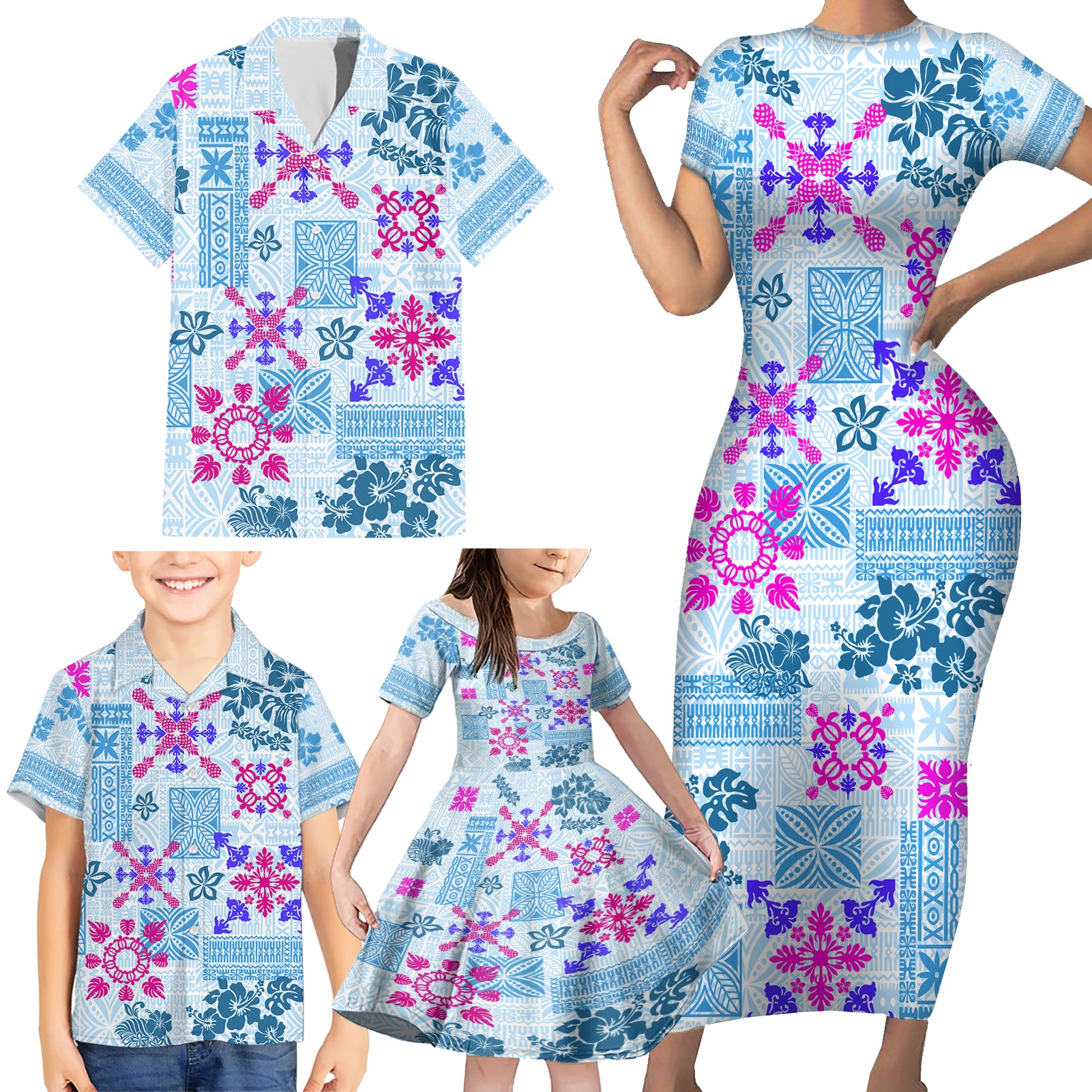 Hawaii Tapa Tribal Family Matching Short Sleeve Bodycon Dress and Hawaiian Shirt With Hawaiian Quilt Pattern Blue LT9 - Polynesian Pride