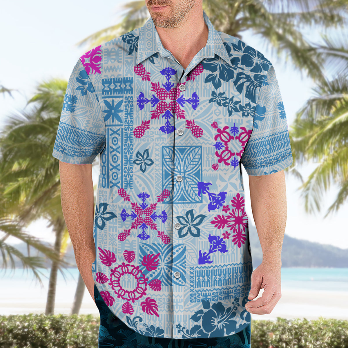 Hawaii Tapa Tribal Hawaiian Shirt With Hawaiian Quilt Pattern Blue LT9 - Polynesian Pride