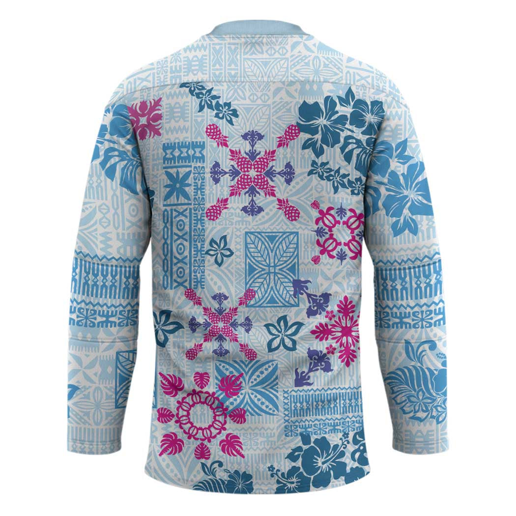 Hawaii Tapa Tribal Hockey Jersey With Hawaiian Quilt Pattern Blue - Polynesian Pride