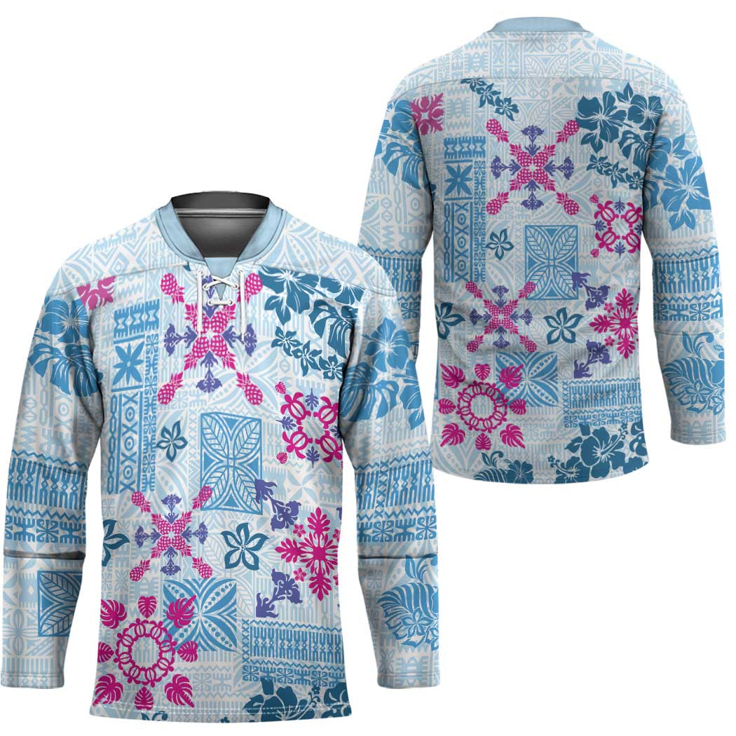 Hawaii Tapa Tribal Hockey Jersey With Hawaiian Quilt Pattern Blue - Polynesian Pride