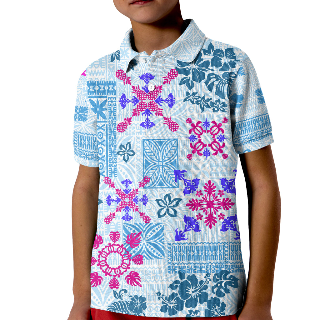 Hawaii Tapa Tribal Kid Polo Shirt With Hawaiian Quilt Pattern Blue LT9 Kid Blue - Polynesian Pride