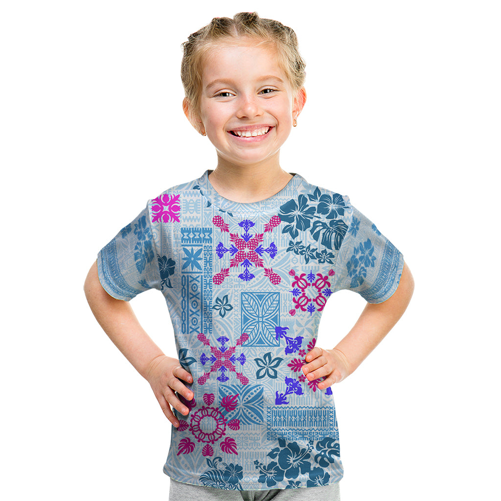 Hawaii Tapa Tribal Kid T Shirt With Hawaiian Quilt Pattern Blue LT9 Blue - Polynesian Pride