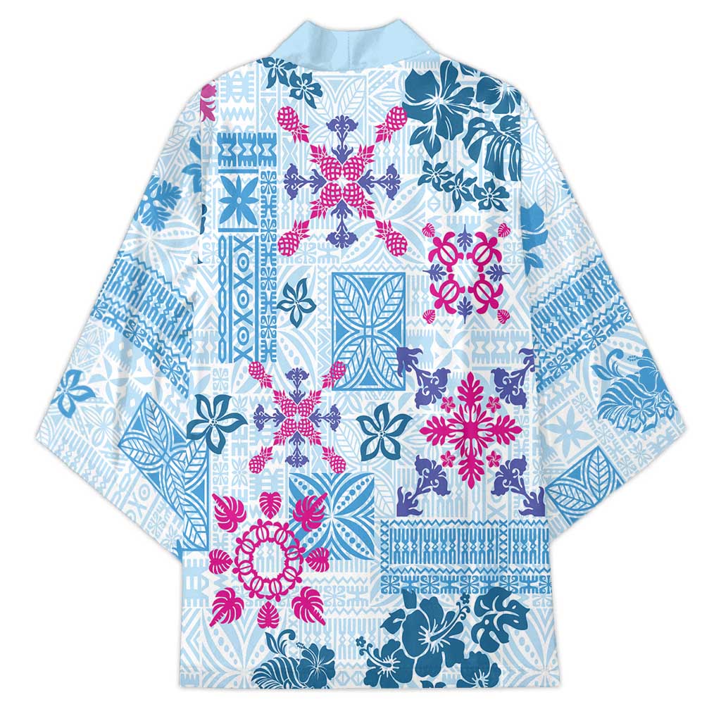 Hawaii Tapa Tribal Kimono With Hawaiian Quilt Pattern Blue - Polynesian Pride