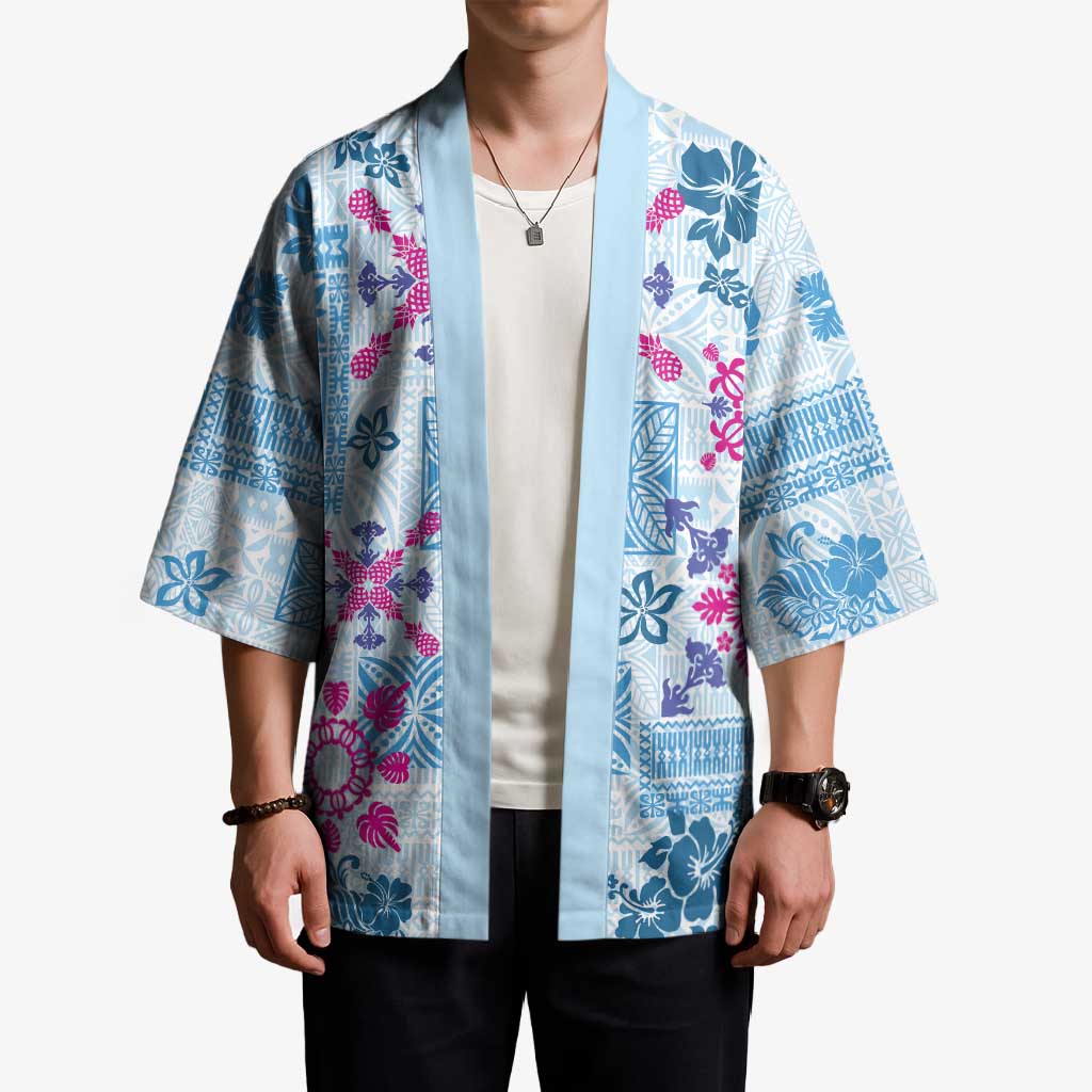 Hawaii Tapa Tribal Kimono With Hawaiian Quilt Pattern Blue - Polynesian Pride