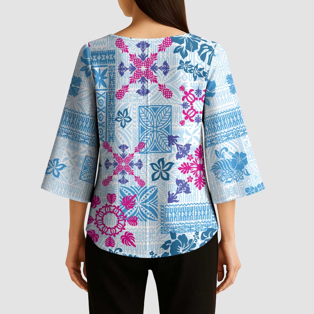 Hawaii Tapa Tribal Kimono Sleeve Blouse With Hawaiian Quilt Pattern Blue - Polynesian Pride