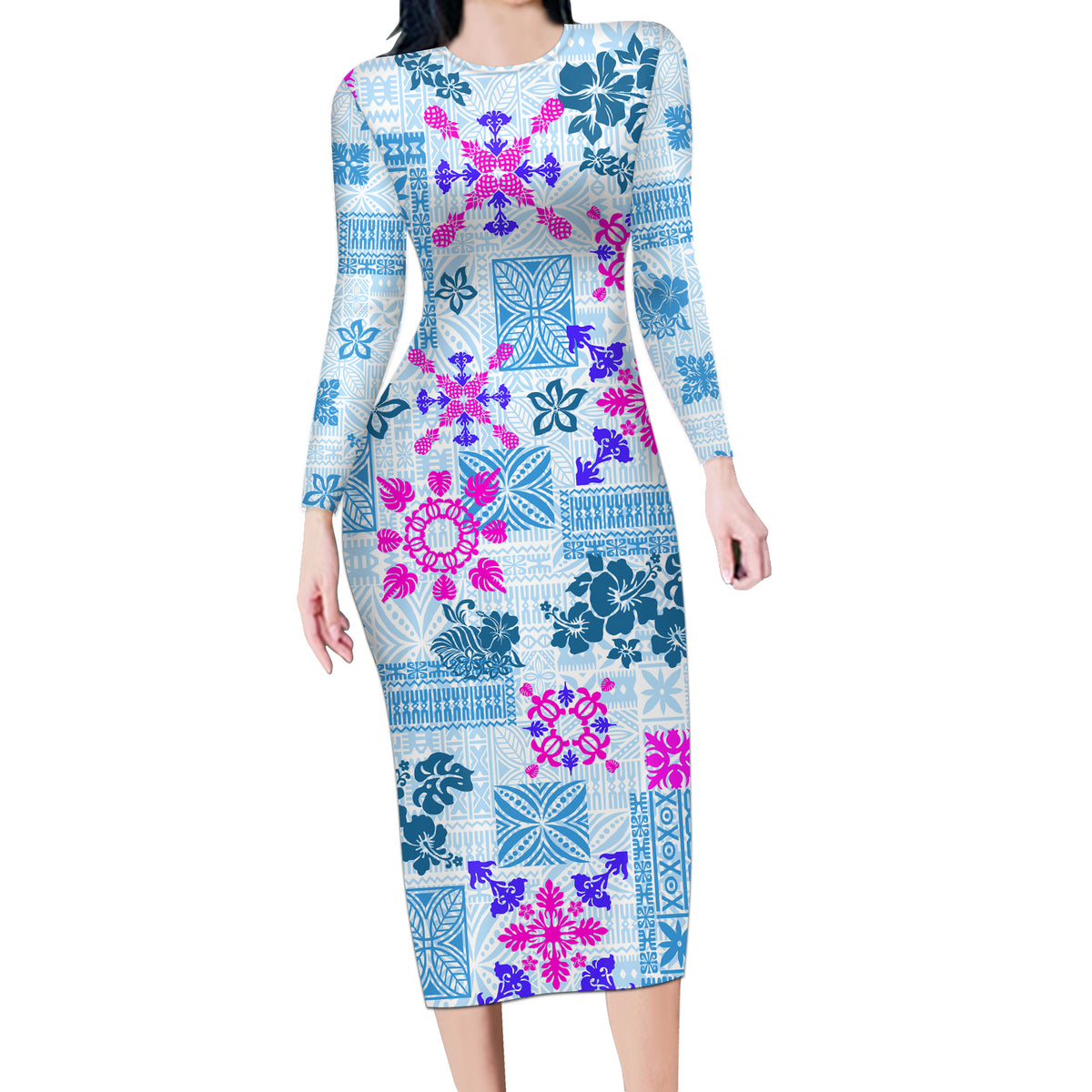 Hawaii Tapa Tribal Long Sleeve Bodycon Dress With Hawaiian Quilt Pattern Blue LT9 Long Dress Blue - Polynesian Pride