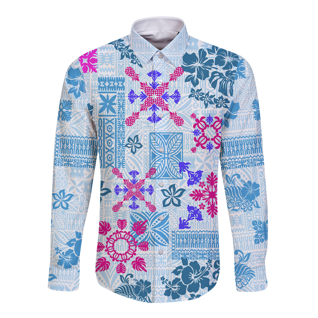 Hawaii Tapa Tribal Long Sleeve Button Shirt With Hawaiian Quilt Pattern Blue LT9 Unisex Blue - Polynesian Pride