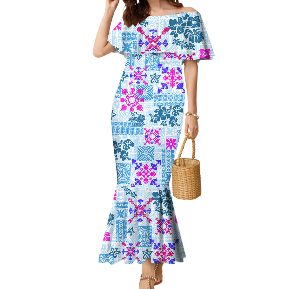 Hawaii Tapa Tribal Mermaid Dress With Hawaiian Quilt Pattern Blue LT9 Women Blue - Polynesian Pride