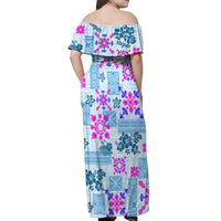 Hawaii Tapa Tribal Off Shoulder Maxi Dress With Hawaiian Quilt Pattern Blue LT9 - Polynesian Pride