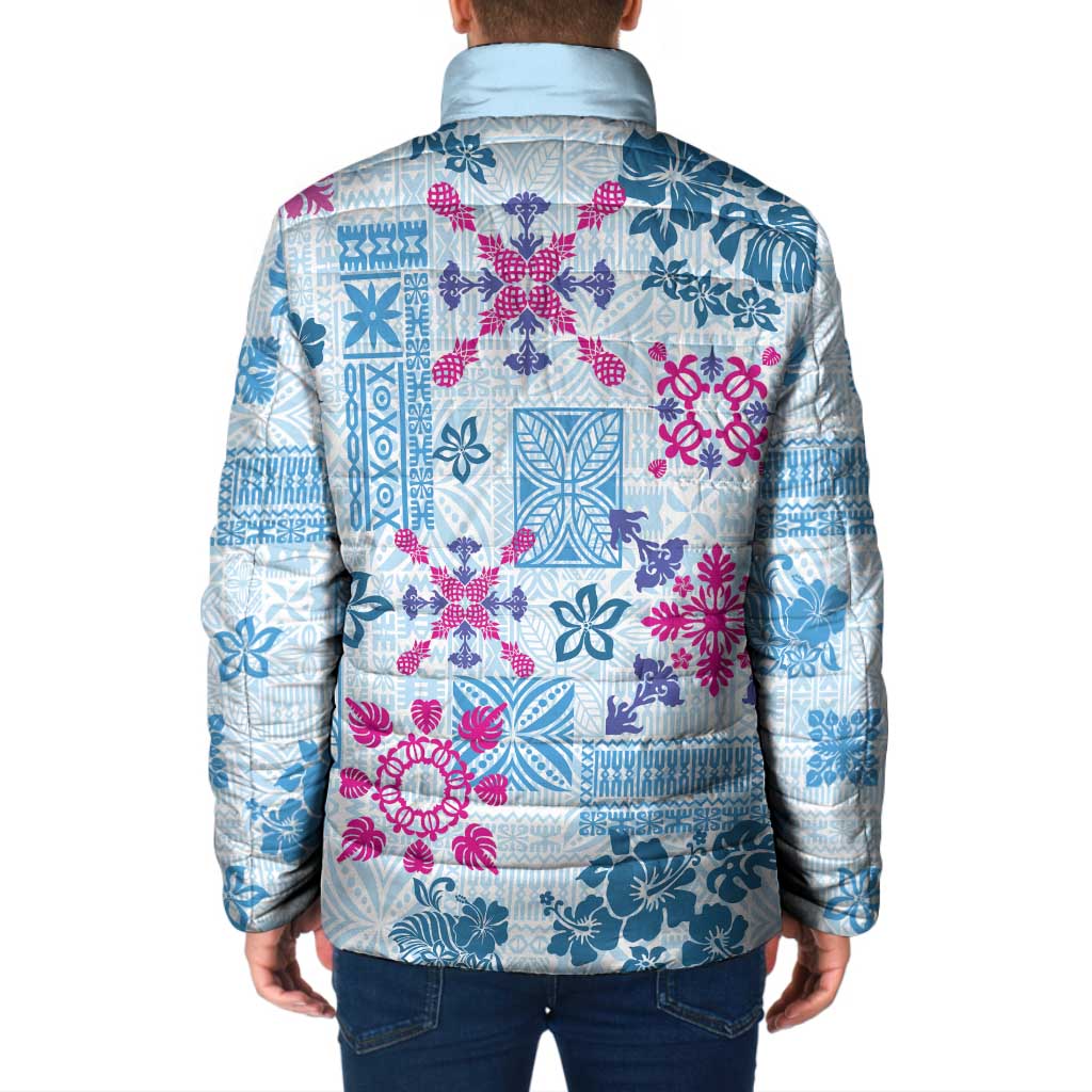 Hawaii Tapa Tribal Padded Jacket With Hawaiian Quilt Pattern Blue - Polynesian Pride
