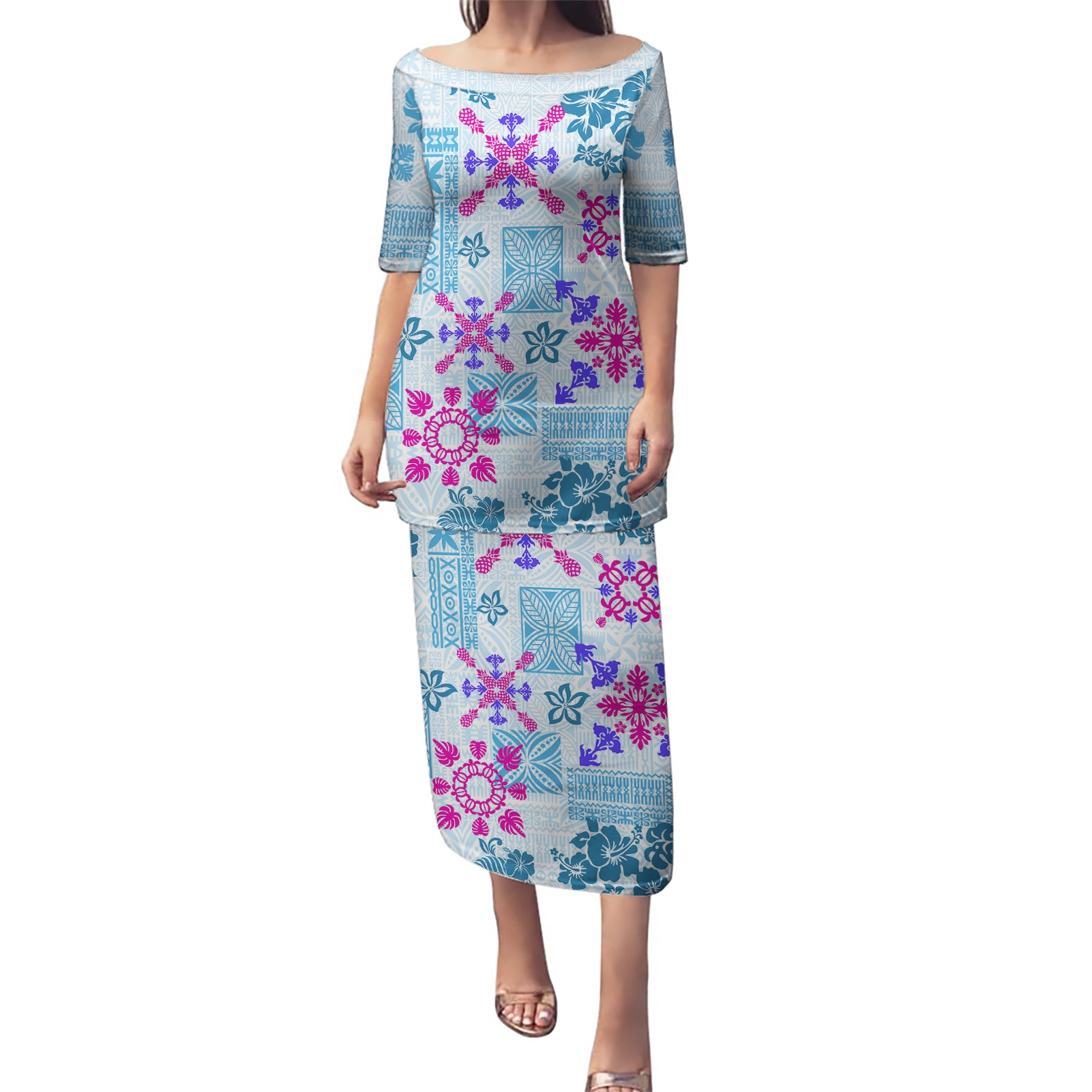 Hawaii Tapa Tribal Puletasi With Hawaiian Quilt Pattern Blue LT9 Long Dress Blue - Polynesian Pride