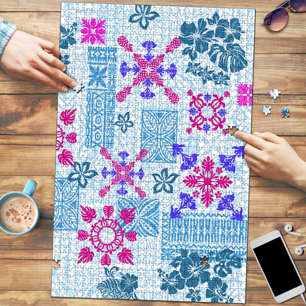 Hawaii Tapa Tribal Puzzle With Hawaiian Quilt Pattern Blue - Polynesian Pride