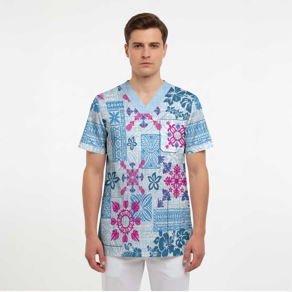 Hawaii Tapa Tribal Scrub Top With Hawaiian Quilt Pattern Blue - Polynesian Pride