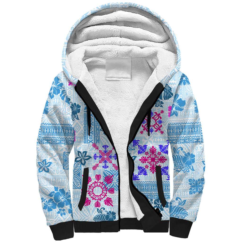 Hawaii Tapa Tribal Sherpa Hoodie With Hawaiian Quilt Pattern Blue LT9 Unisex Blue - Polynesian Pride