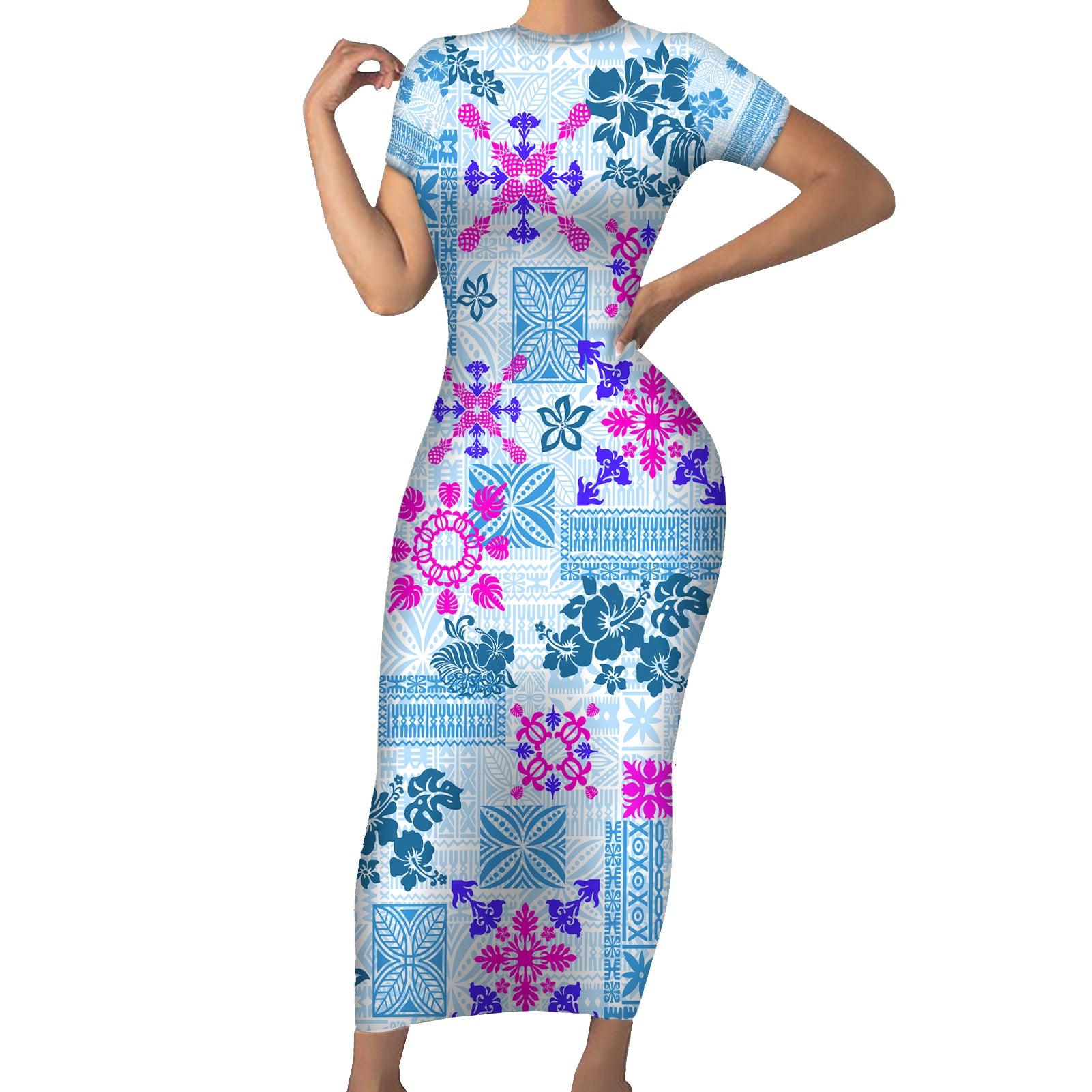 Hawaii Tapa Tribal Short Sleeve Bodycon Dress With Hawaiian Quilt Pattern Blue LT9 Long Dress Blue - Polynesian Pride