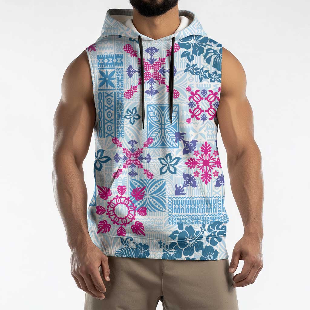 Hawaii Tapa Tribal Sleeveless Hoodie With Hawaiian Quilt Pattern Blue - Polynesian Pride