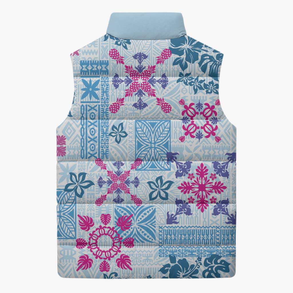 Hawaii Tapa Tribal Sleeveless Puffer Jacket With Hawaiian Quilt Pattern Blue - Polynesian Pride