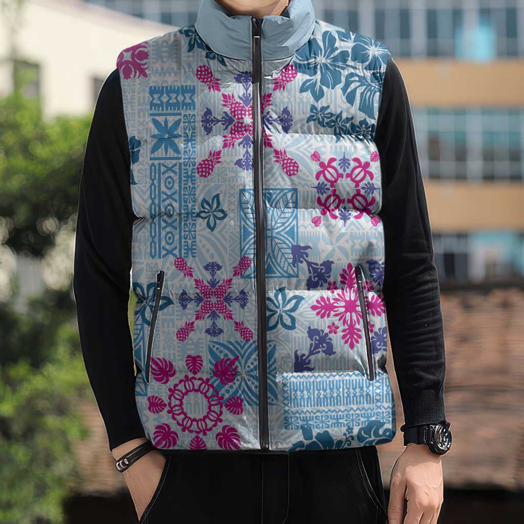 Hawaii Tapa Tribal Sleeveless Puffer Jacket With Hawaiian Quilt Pattern Blue - Polynesian Pride